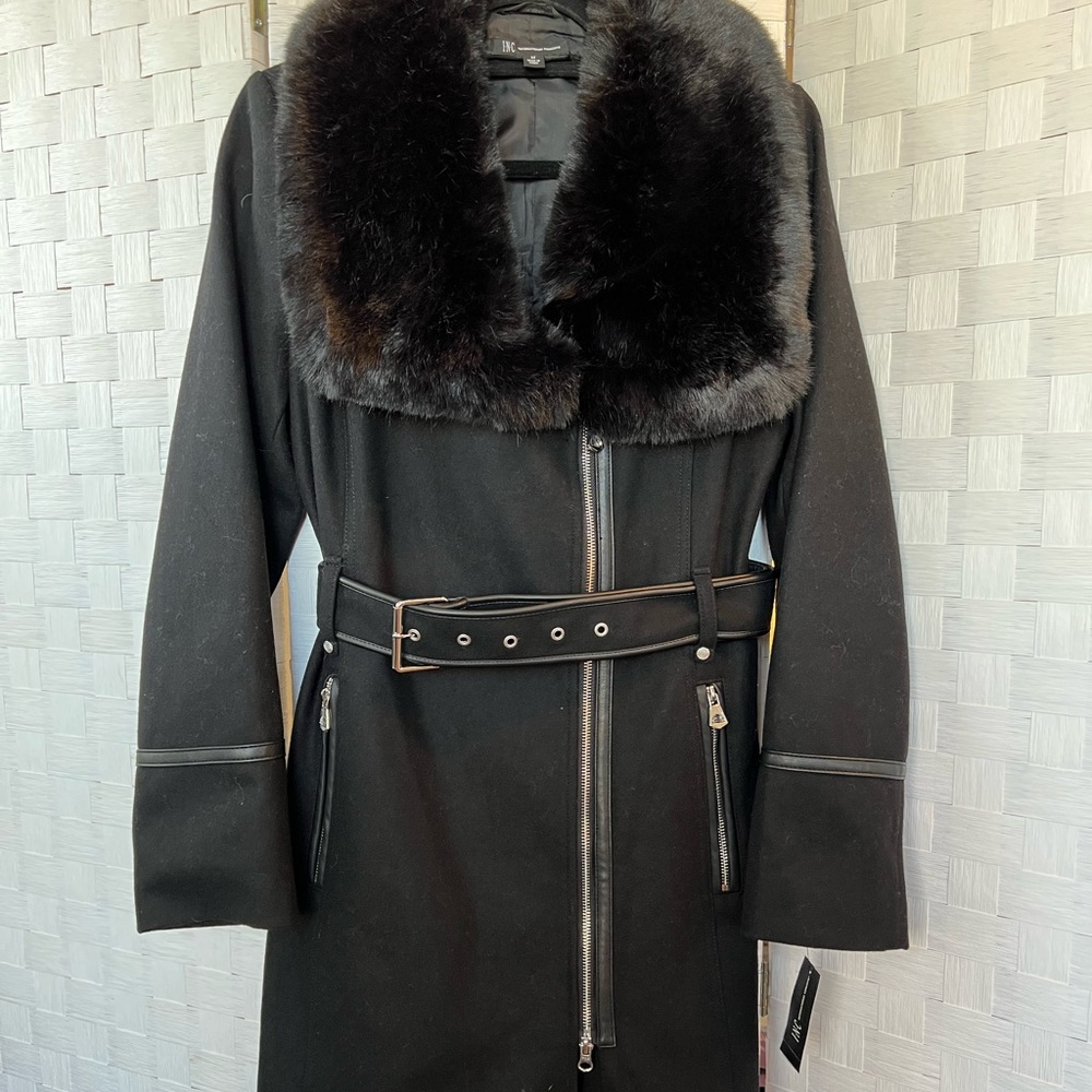 INC International Concepts Black Trench Coat with Fur Hood
